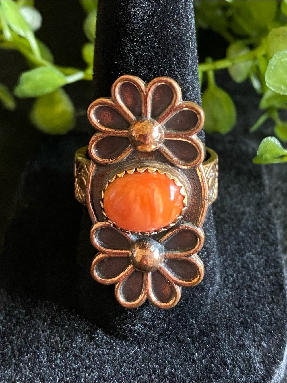 R67 Orange Spiny Oyster Copper Twin Flower Boho Southwestern Ring | Size: 7-8